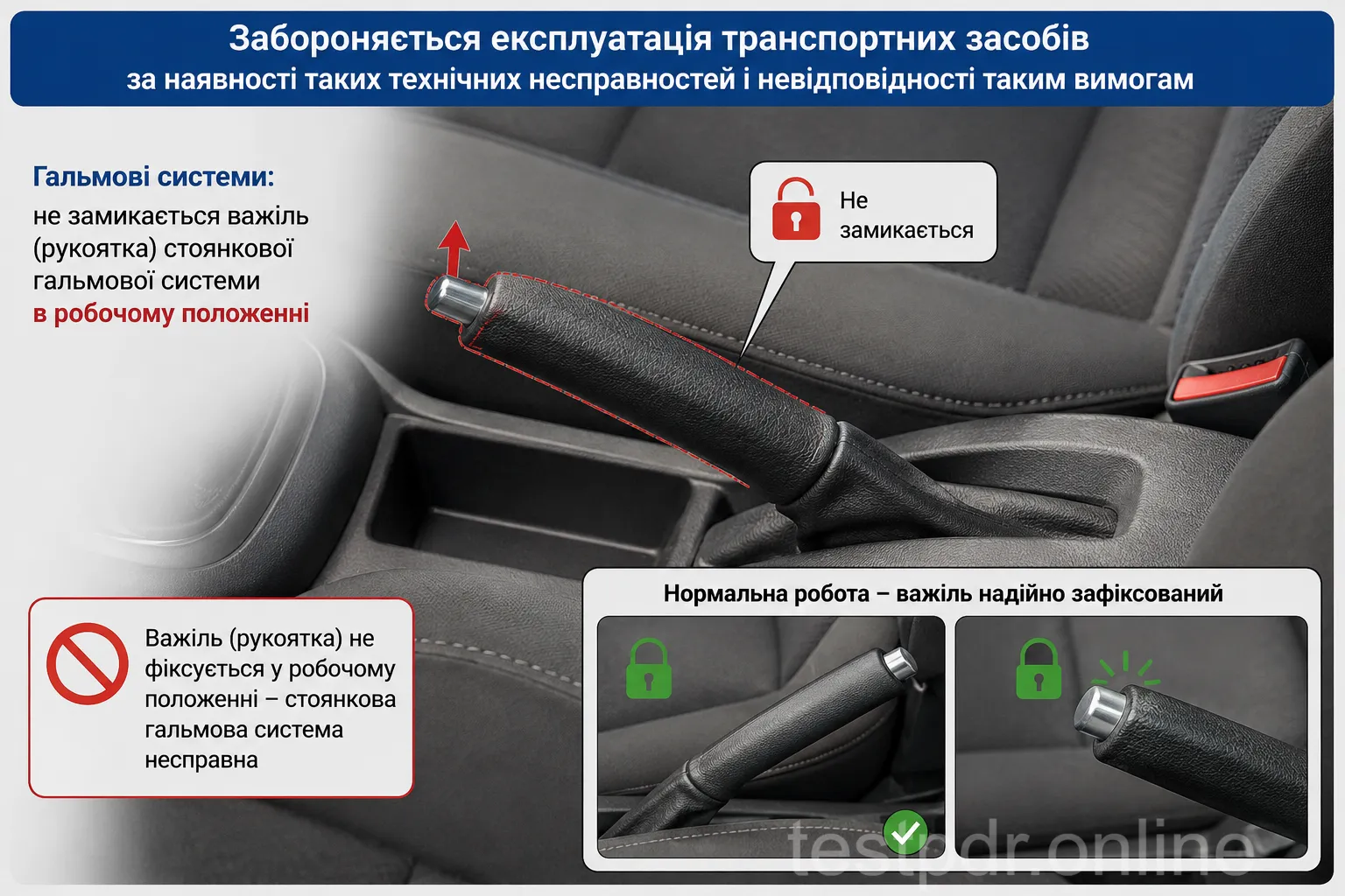 Стоянкове гальмо має не лише затягуватися, а й надійно фіксуватися та утримувати автомобіль.