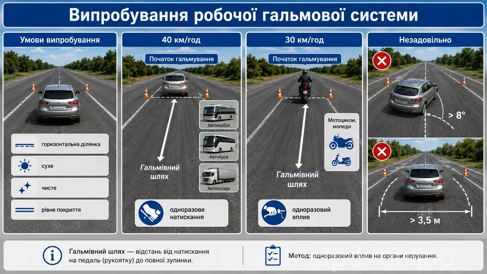 Результат оцінюють за визначених умов випробування. Автомобіль не повинен розвертатися більш як на 8° або займати смугу ширшу за 3,5 м.