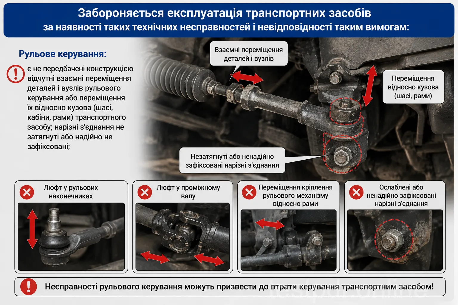 Незакріплені з’єднання та непередбачені переміщення деталей кермового механізму потребують усунення, навіть якщо автомобіль ще реагує на кермо.