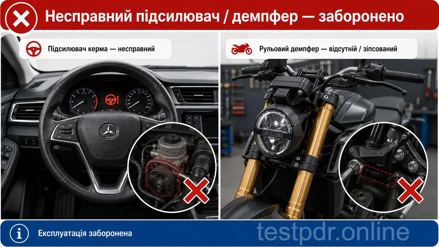 Передбачені конструкцією підсилювач керма та рульовий демпфер мотоцикла мають бути справними й установленими.