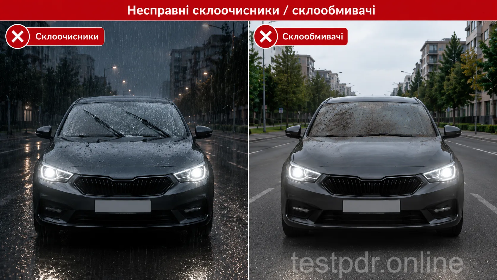 Склоочисники й омивачі забезпечують очищення вітрового скла. За дощу або снігопаду непрацюючий склоочисник із боку водія забороняє подальший рух.
