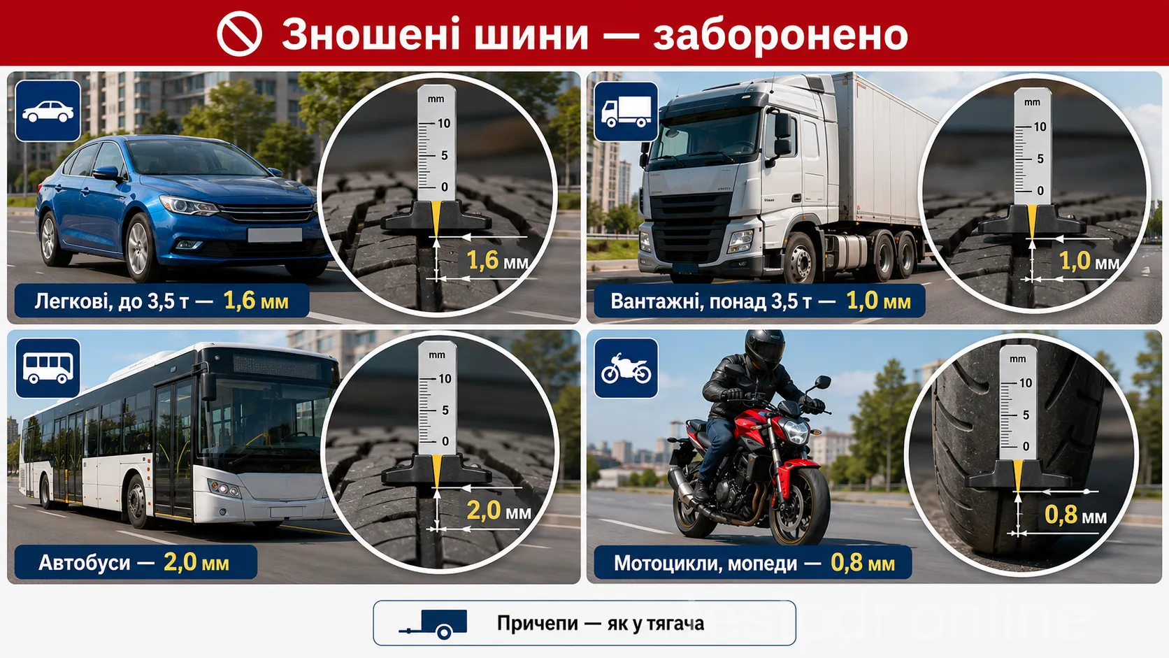Числа на ілюстрації показують мінімальну допустиму залишкову висоту протектора. За цим критерієм заборона настає, коли висота менша за наведену межу. За рівності межі перевищення зносу ще немає. Інші пошкодження шини оцінюють окремо.