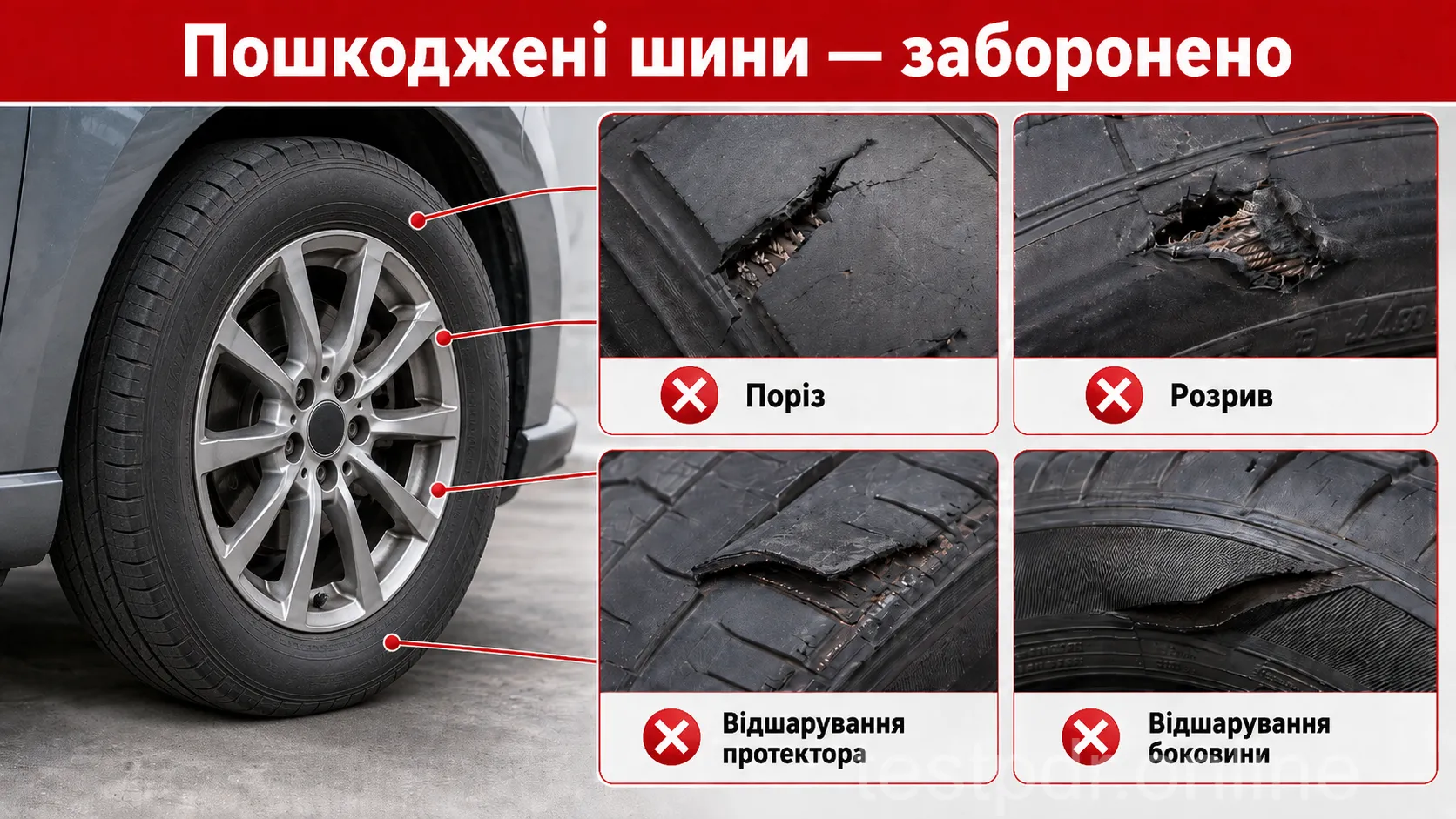 Порізи й розриви з оголеним кордом, розшарування каркаса або відшарування протектора чи боковини забороняють експлуатацію незалежно від глибини канавок.