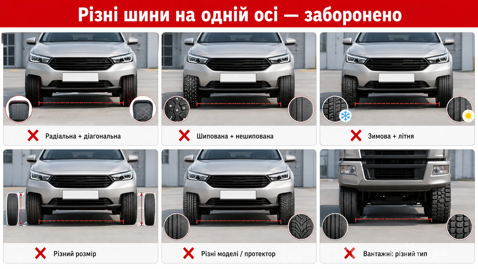Порівнюйте шини на одній осі за конструкцією, розміром, шипами й іншими ознаками з переліку ПДР. Для легковика враховують також різні моделі з різними малюнками протектора.