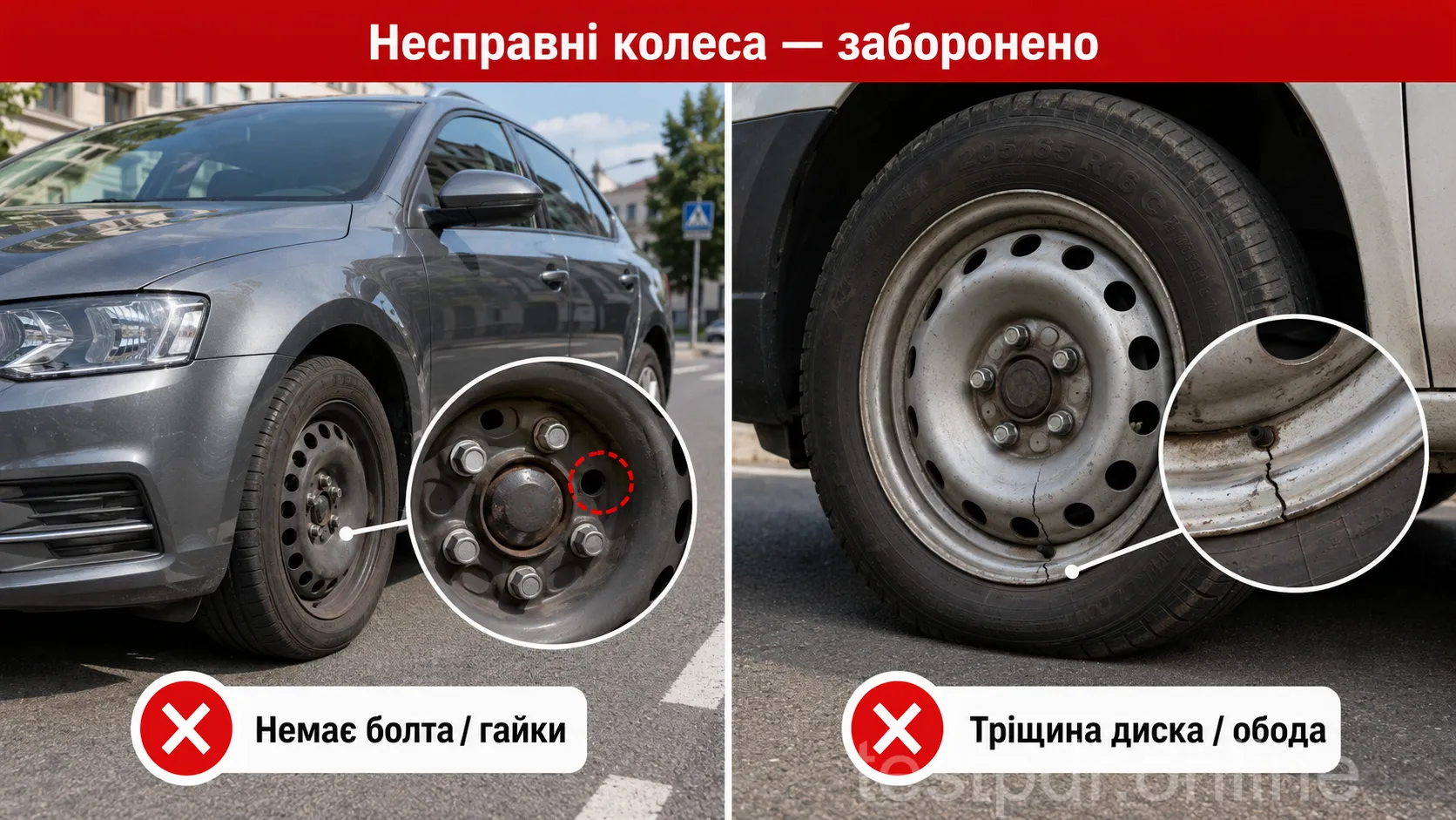 Відсутність болта чи гайки кріплення та тріщини диска або обода забороняють експлуатацію автомобіля.