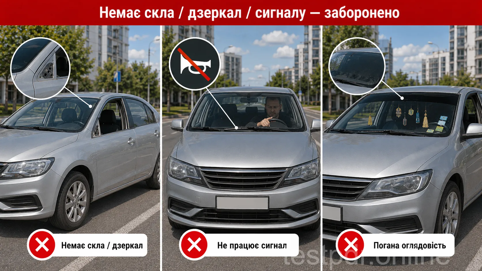 Передбачені стекла й дзеркала мають бути на місці, а предмети в салоні не повинні закривати огляд. На схемі також показано несправний звуковий сигнал.