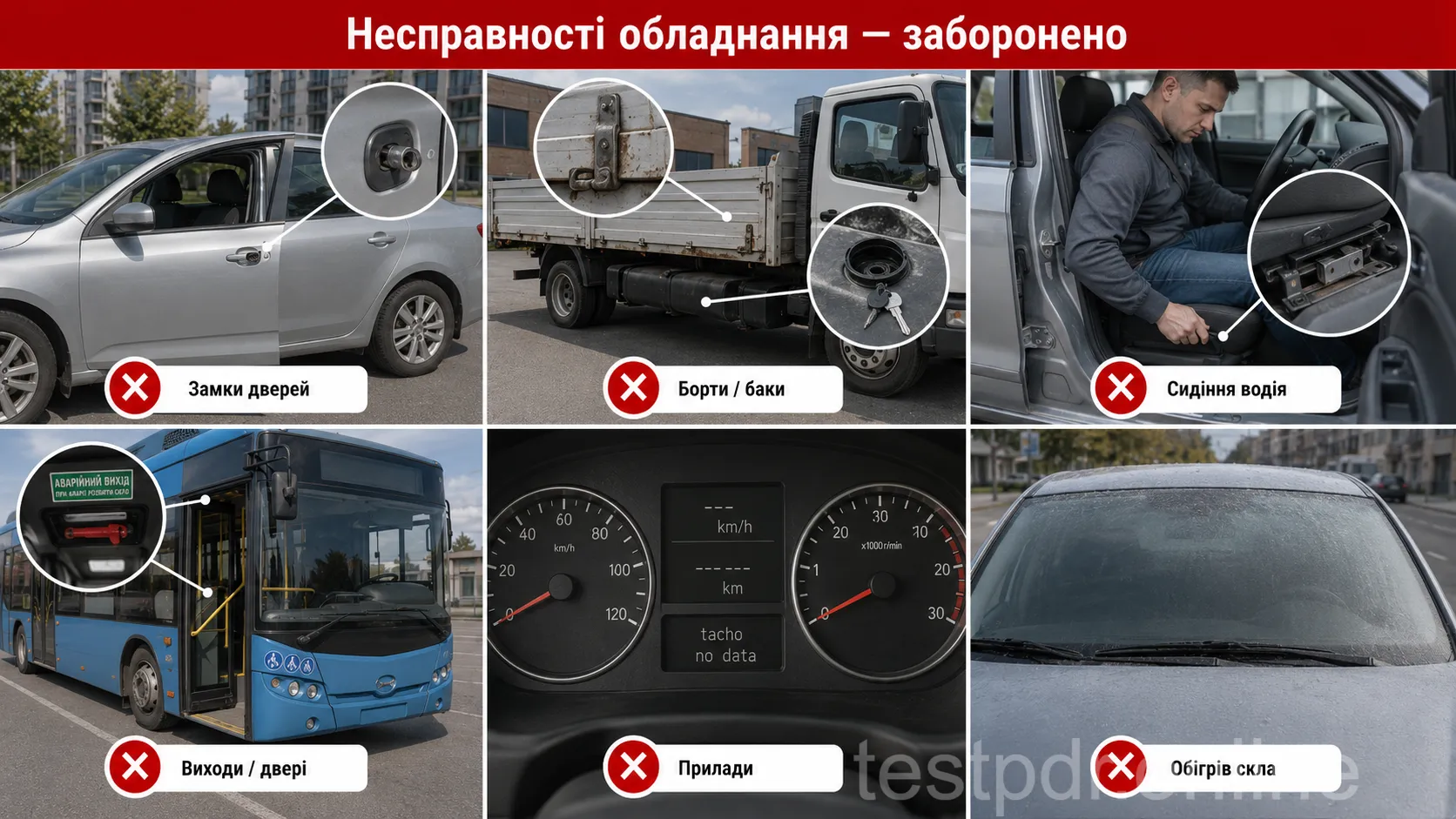 Замки, кріплення сидіння, прилади та обігрівання й обдування скла мають працювати. Для автобусів додатково перевіряють передбачені двері й аварійні виходи.