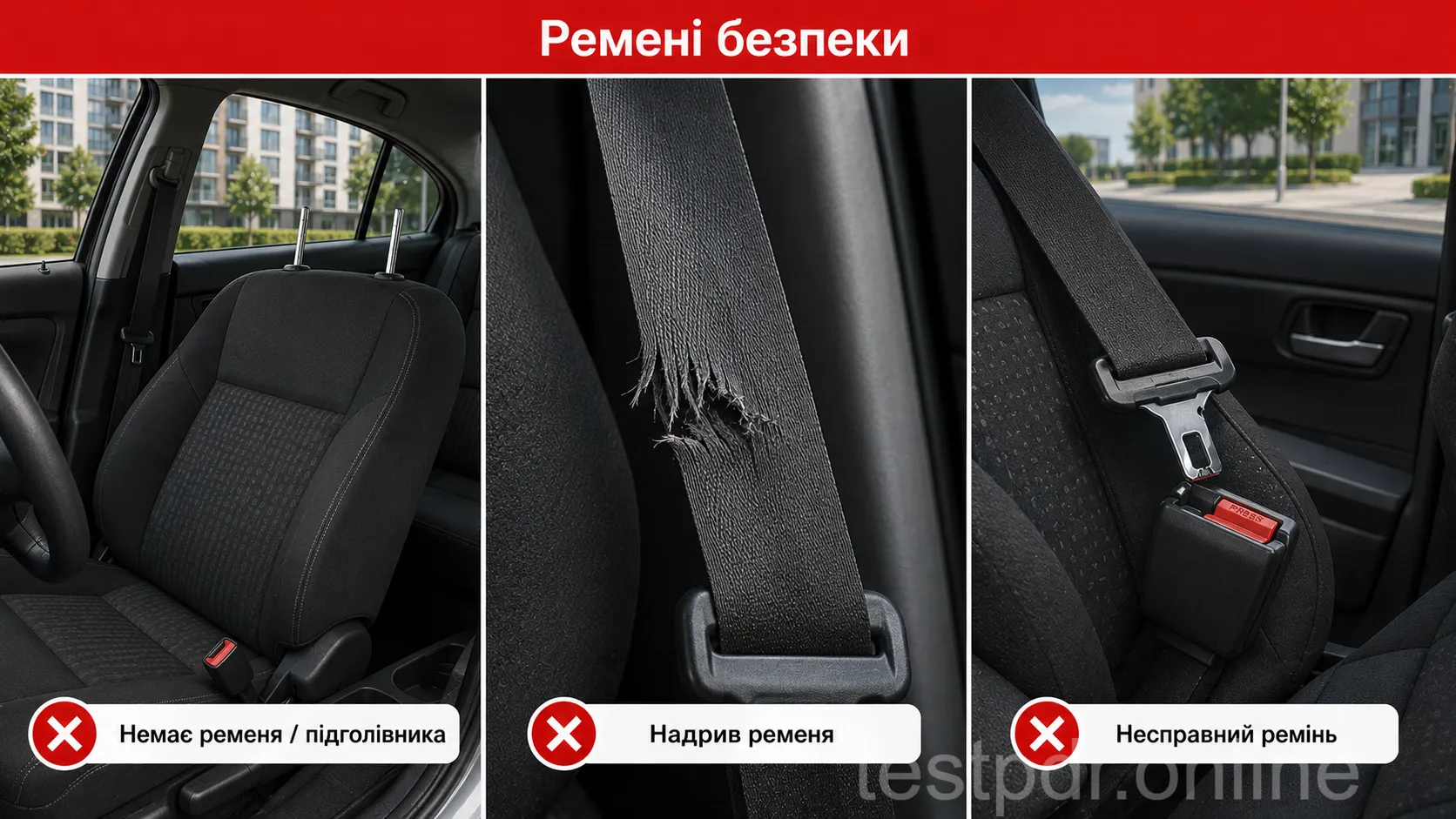 Ліворуч показано місце без підголовника, посередині — видимий надрив лямки. Праворуч — вузол перевірки замка: саме розстебнуте положення ще не доводить несправність, потрібно перевірити фіксацію.