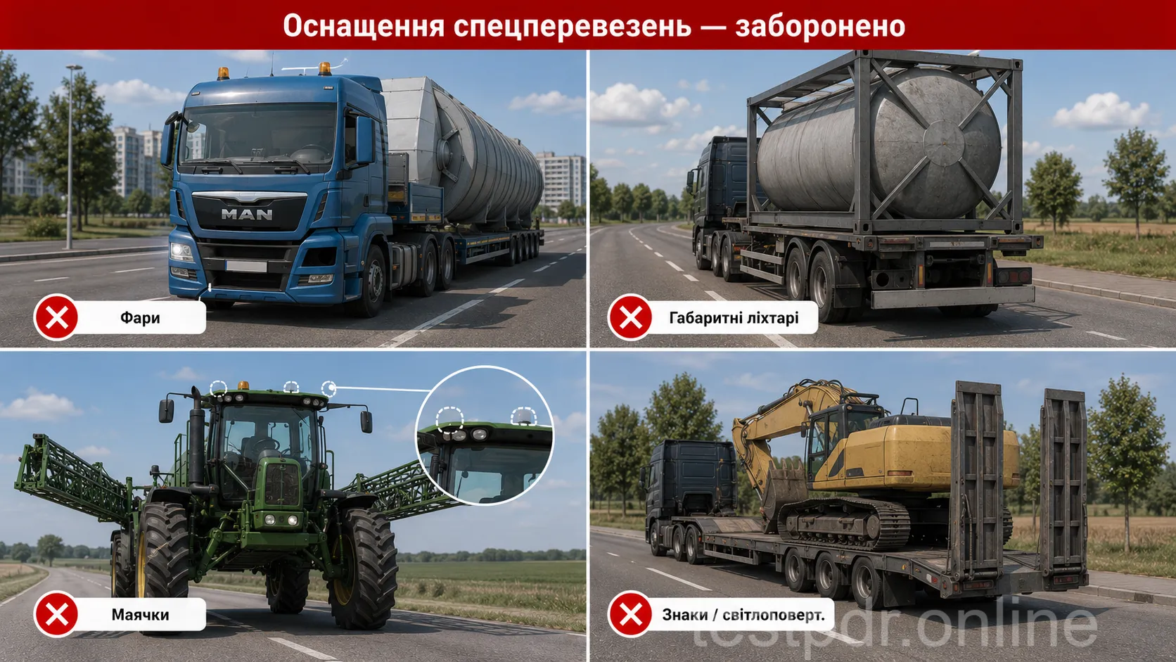 Для великогабаритних, великовагових і небезпечних перевезень відсутність або несправність передбачених світлових приладів і позначень забороняє продовжувати рух до усунення несправності.