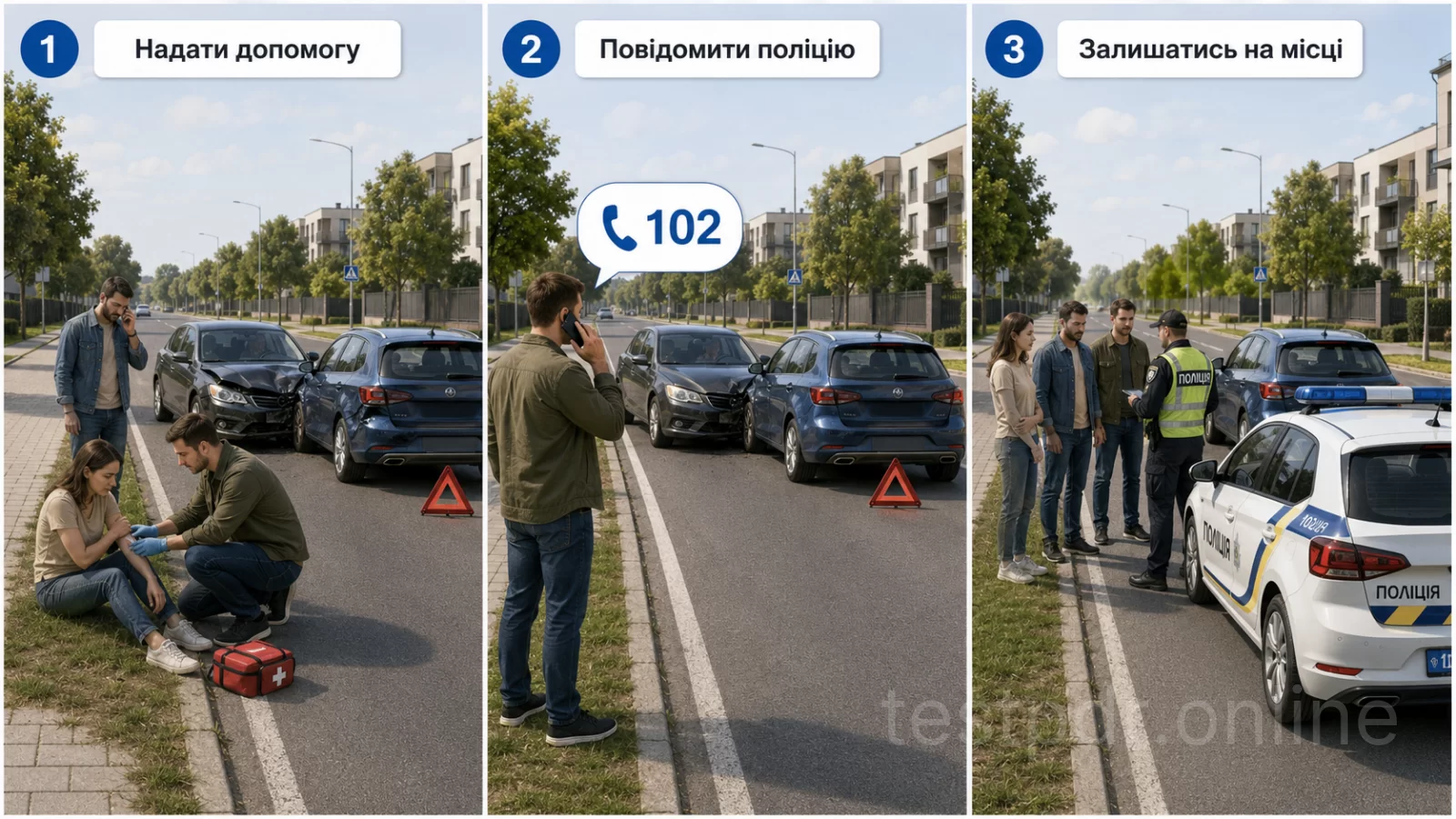 Після ДТП надають можливу допомогу потерпілим, повідомляють поліцію та виконують обов’язок залишатися на місці. Ці дії стосуються також пасажирів причетного автомобіля.