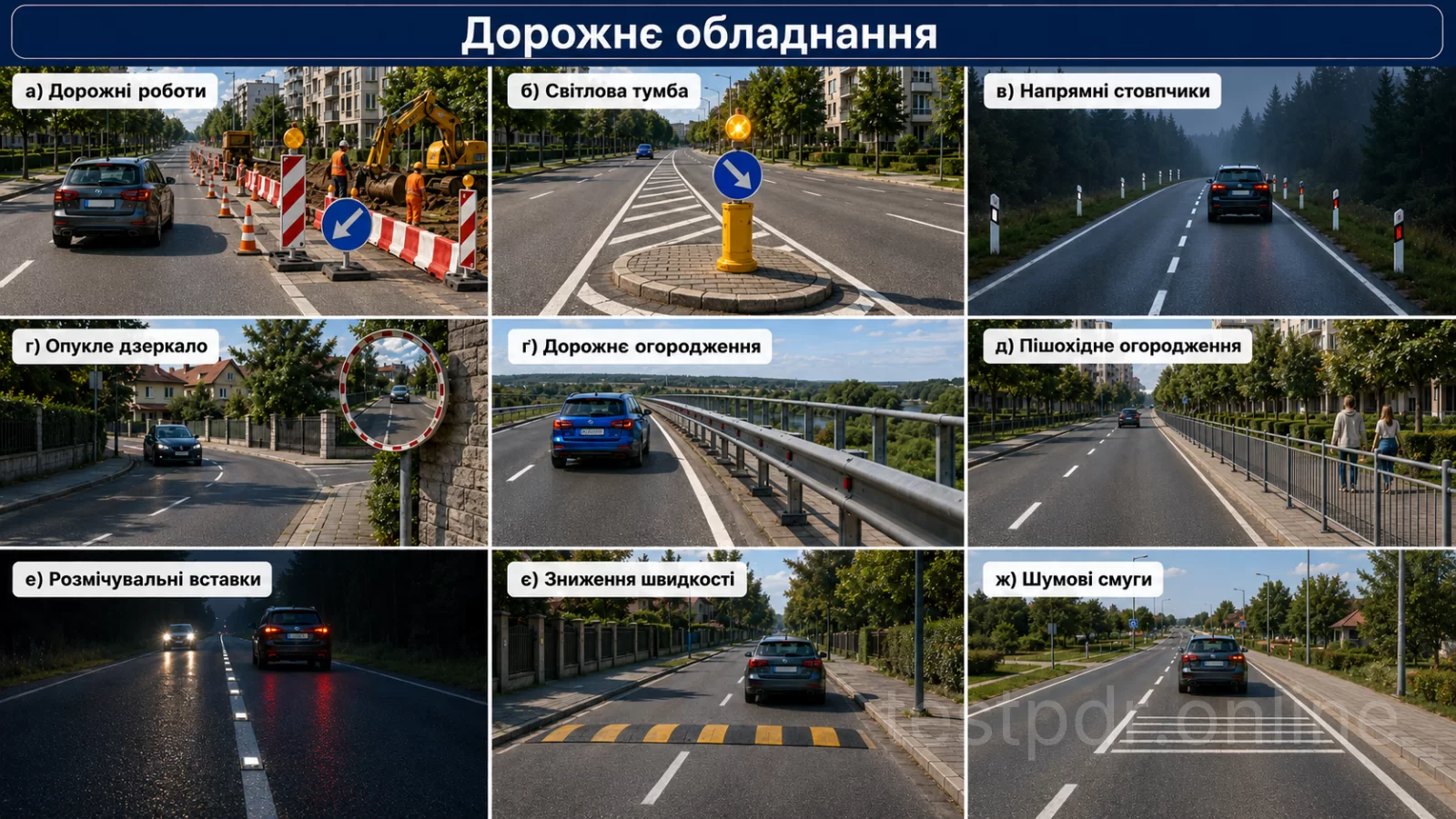 Огородження, тумби, напрямні стовпчики, дзеркала, вставки та засоби зниження швидкості виконують різні допоміжні завдання.