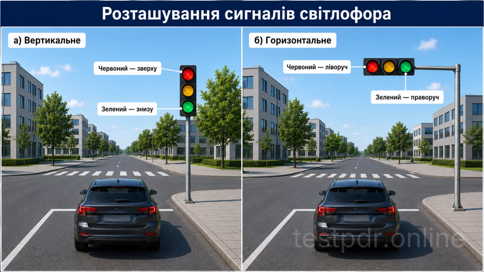 Схема показує місця червоного, жовтого й зеленого сигналів у вертикальному та горизонтальному світлофорах. Кольори наведено одночасно для порівняння розташування.