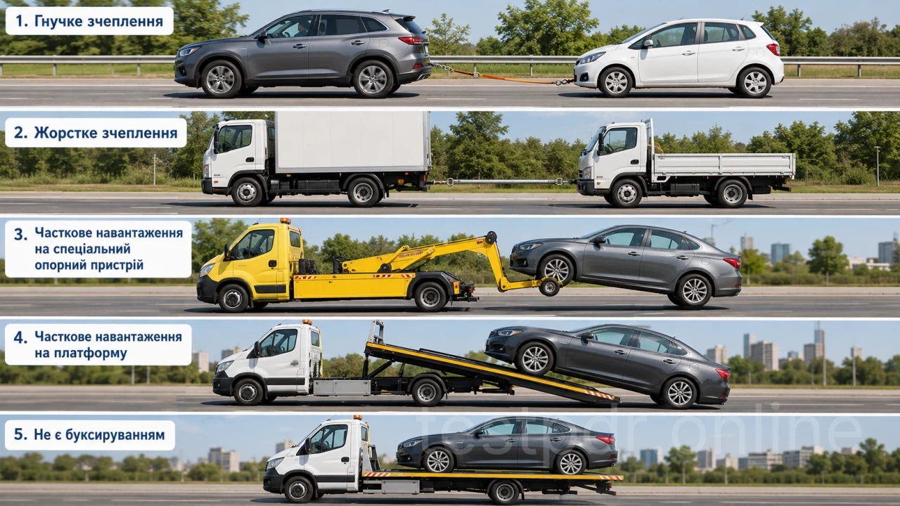На перших чотирьох схемах показано один буксирований автомобіль та окремо тягач. На п’ятій автомобіль повністю завантажений на платформу й перевозиться як вантаж. Погодження за кількістю потрібне, коли планують буксирувати два або більше транспортних засобів.