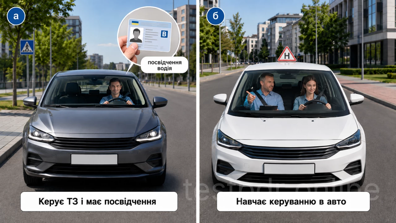 Порівняйте дві ситуації: керування з відповідним посвідченням і навчання керуванню безпосередньо в автомобілі.
