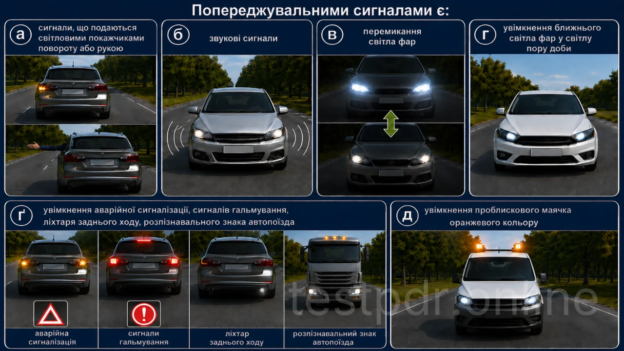 Приклади попереджувальних сигналів: покажчики повороту, жести рукою, світло, звук та аварійні засоби.
