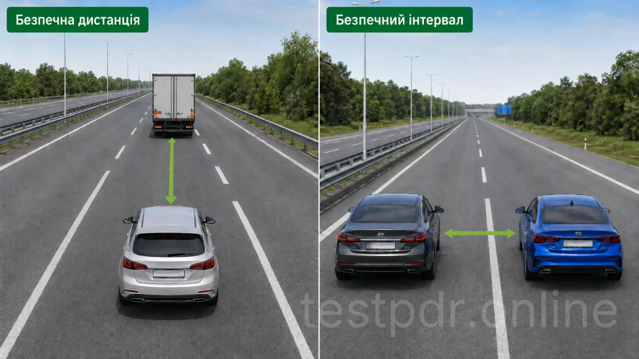Дистанція — проміжок до транспорту попереду на тій самій смузі. Інтервал — бічна відстань між учасниками руху або об’єктами.