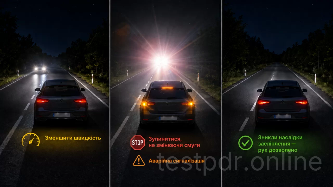 За засліплення ввімкніть аварійну сигналізацію, зменште швидкість і зупиніться без зміни смуги.