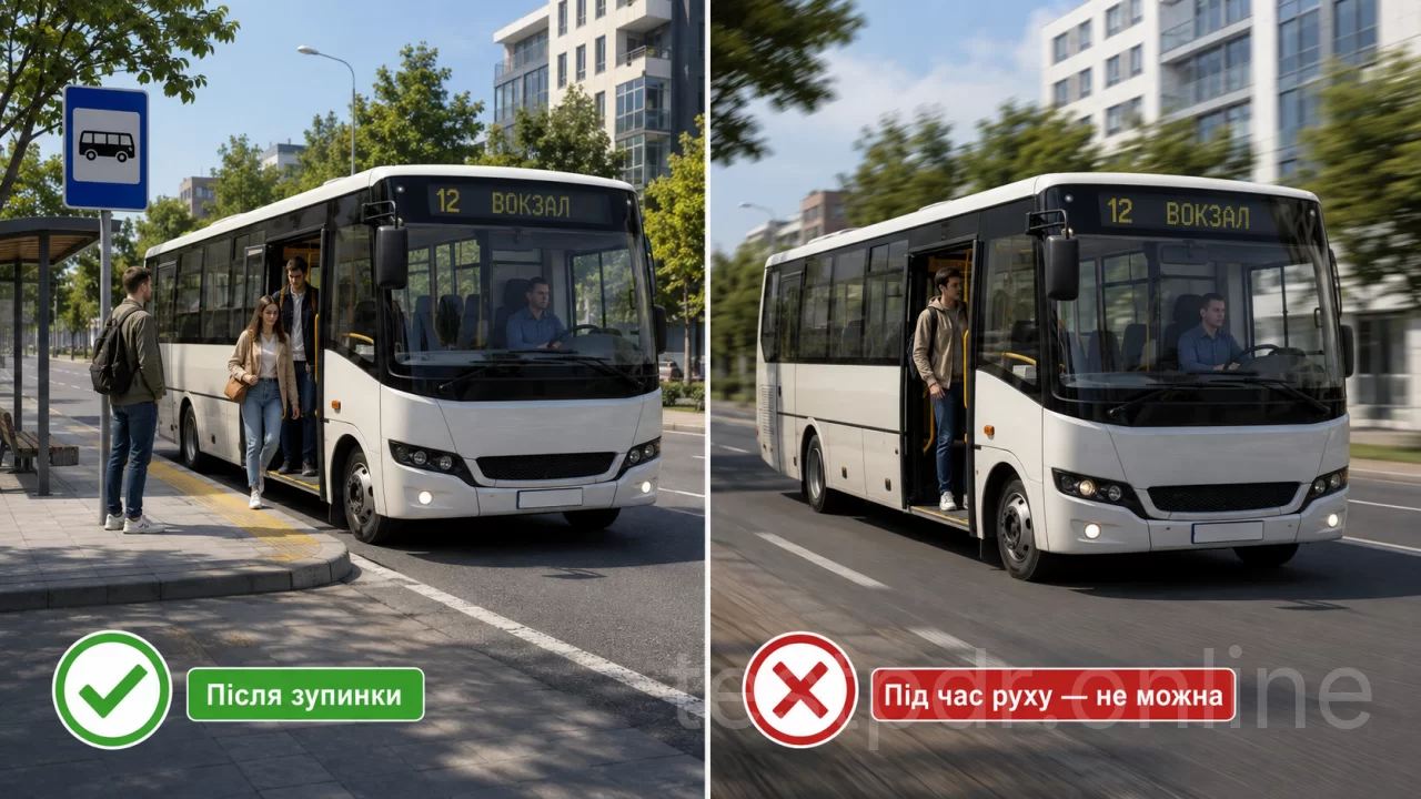 Посадка і висадка — після повної зупинки. Початок руху — лише із повністю зачиненими дверима.