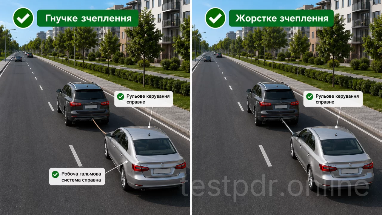 Для буксирування на гнучкому зчепленні в буксированого автомобіля мають працювати кермо й гальма, на жорсткому — кермо. Якщо гальма несправні, додатково перевіряють співвідношення фактичних мас автомобілів.