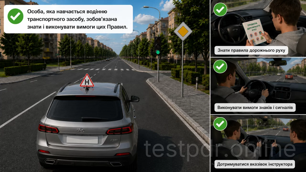 Учень зобов’язаний знати й виконувати ПДР. Присутність спеціаліста не звільняє його від цього обов’язку.