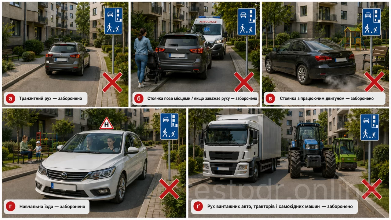 У житловій зоні заборонені транзитний рух, навчальна їзда та зазначені види стоянки. Для вантажівок, тракторів і самохідної техніки дозволено обслуговування об’єктів та громадян, технологічні роботи й рух транспорту мешканців.
