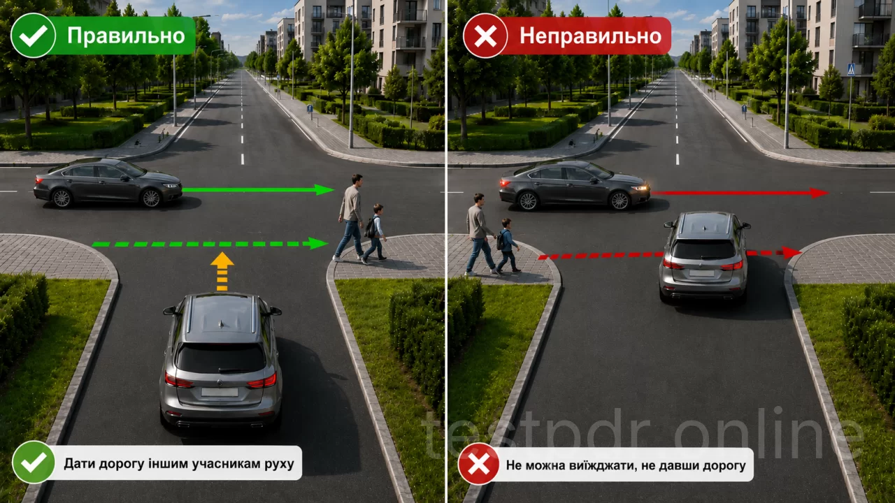 Виїжджаючи з житлової чи пішохідної зони, дайте дорогу іншим учасникам руху — і водіям, і пішоходам.