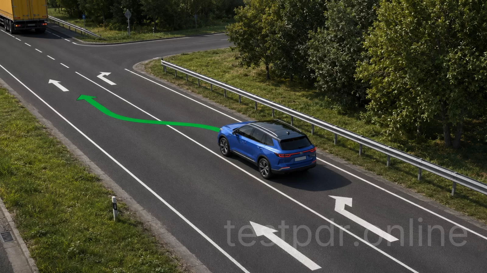 Чи дозволено водію синього автомобіля здійснити такий маневр? Чи дозволено водію синього автомобіля здійснити такий маневр?