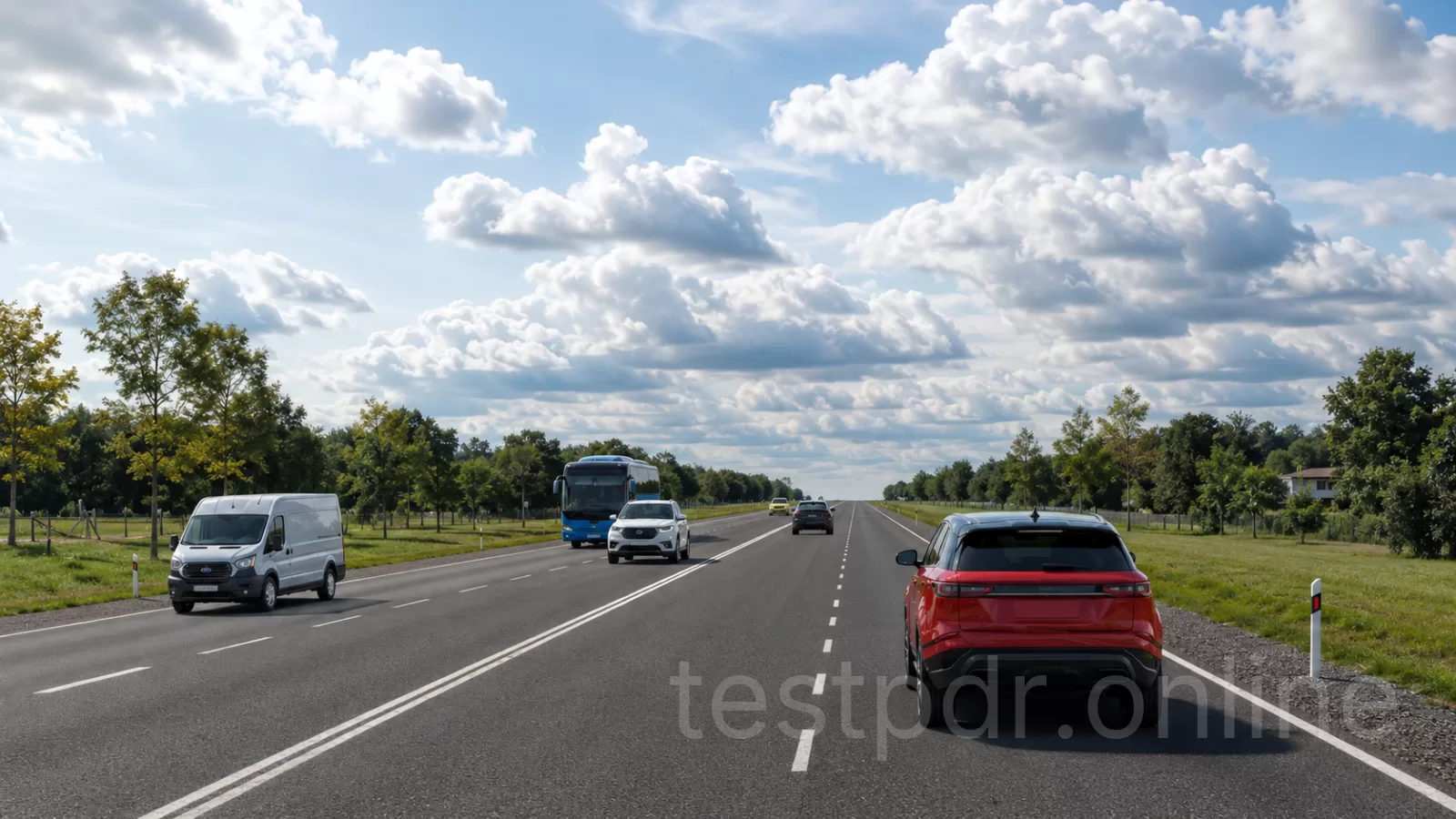 З якою максимальною швидкістю дозволено рух на цій ділянці дороги водію червоного автомобіля? З якою максимальною швидкістю дозволено рух на цій ділянці дороги водію червоного автомобіля?