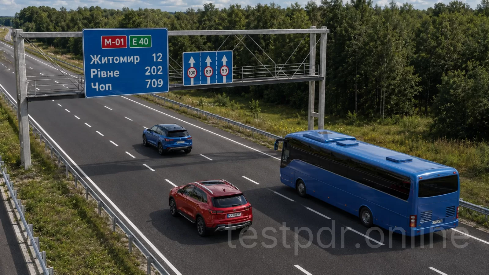 З якою максимальною швидкістю дозволено рух на цій ділянці дороги водію синього автомобіля? З якою максимальною швидкістю дозволено рух на цій ділянці дороги водію синього автомобіля?