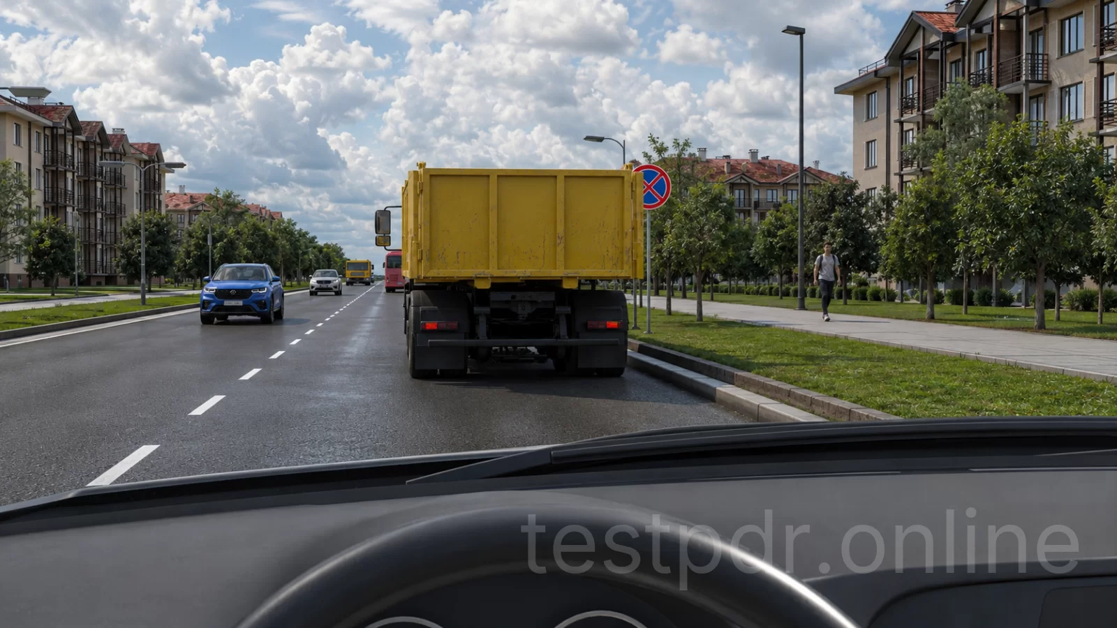 Чи дозволено водієві вантажного автомобіля зупинитися перед дорожнім знаком «Зупинка заборонена», як показано на малюнку? Чи дозволено водієві вантажного автомобіля зупинитися перед дорожнім знаком «Зупинка заборонена», як показано на малюнку?