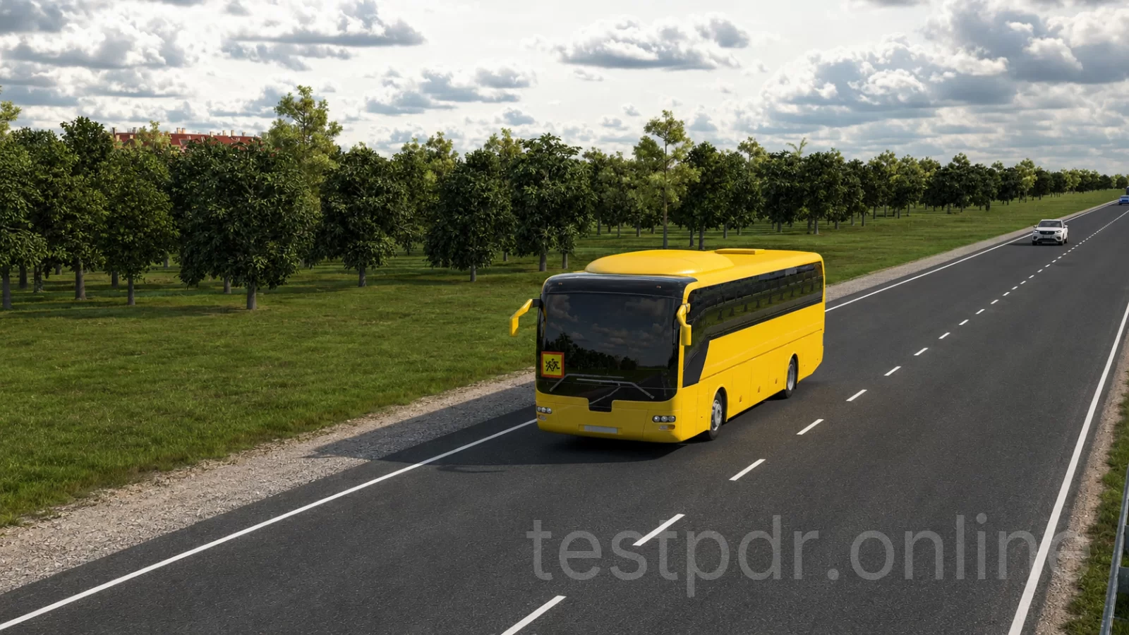 З якою максимальною швидкістю дозволено рух жовтого автобуса, що перевозить організовану групу дітей, на цій ділянці дороги за межами населених пунктів? З якою максимальною швидкістю дозволено рух жовтого автобуса, що перевозить організовану групу дітей, на цій ділянці дороги за межами населених пунктів?