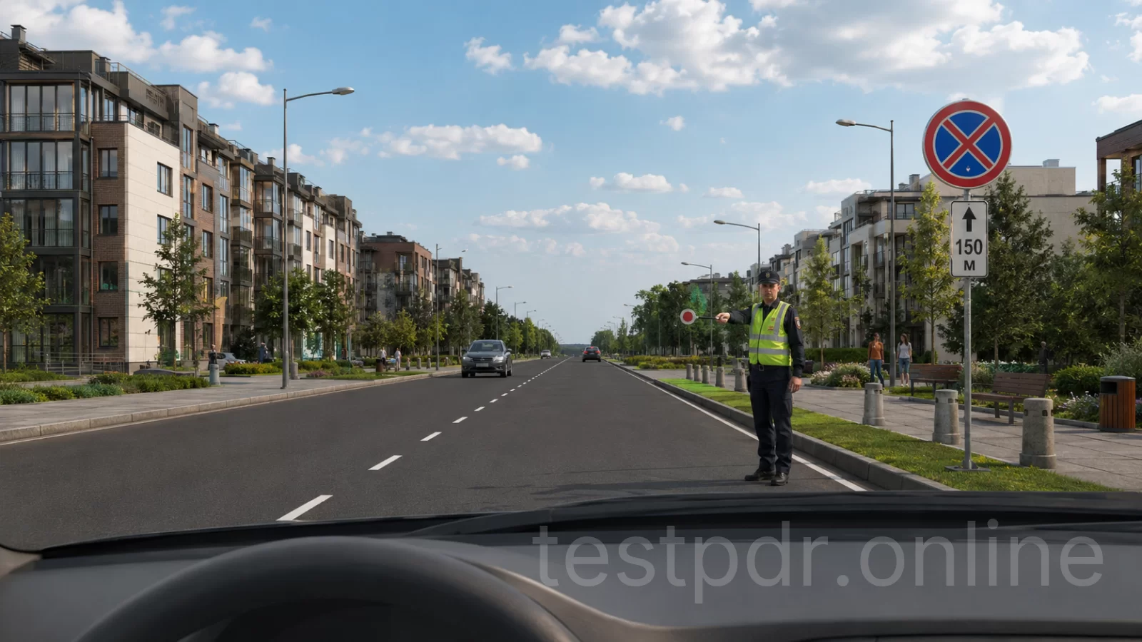 Як Ви повинні вчинити в даній ситуації, якщо співробітник поліції подає Вам сигнал про зупинку? Як Ви повинні вчинити в даній ситуації, якщо співробітник поліції подає Вам сигнал про зупинку?
