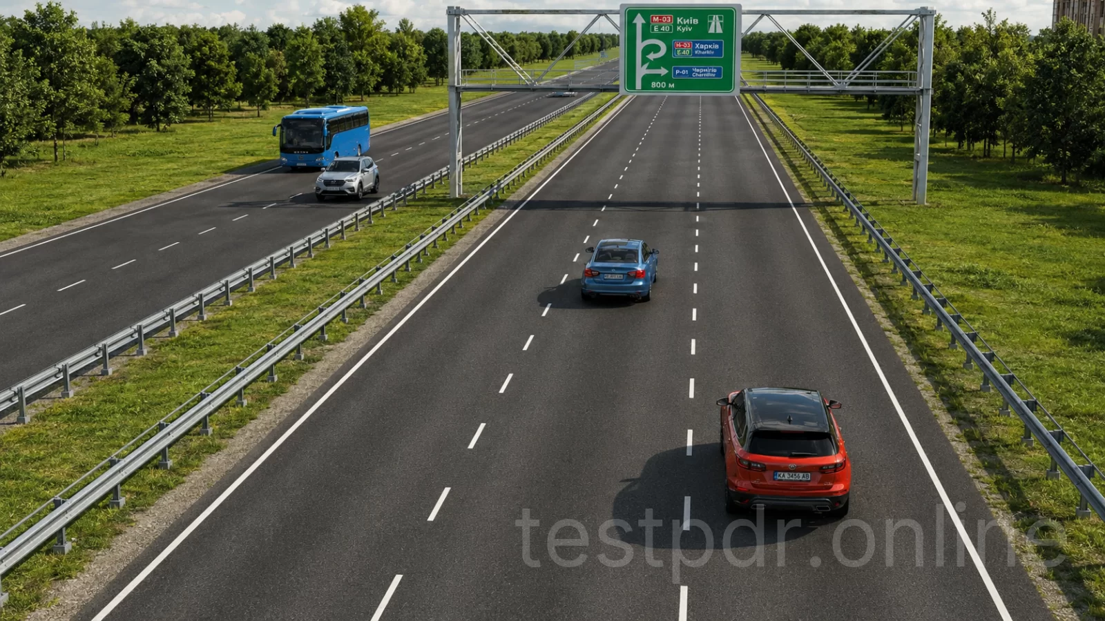 Під час руху на автомагістралі водій червоного автомобіля пропустив поворот праворуч. Чи дозволено йому рухатись заднім ходом, якщо позаду немає транспортних засобів? Під час руху на автомагістралі водій червоного автомобіля пропустив поворот праворуч. Чи дозволено йому рухатись заднім ходом, якщо позаду немає транспортних засобів?