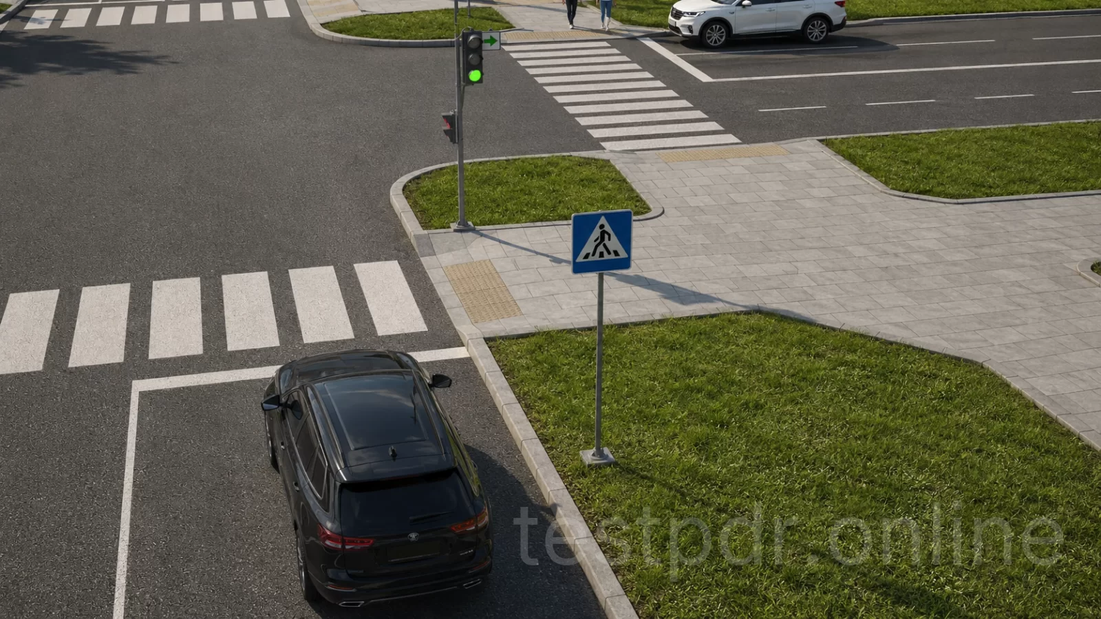 Чи дозволено водію чорного автомобіля повернути праворуч у даному випадку? Чи дозволено водію чорного автомобіля повернути праворуч у даному випадку?