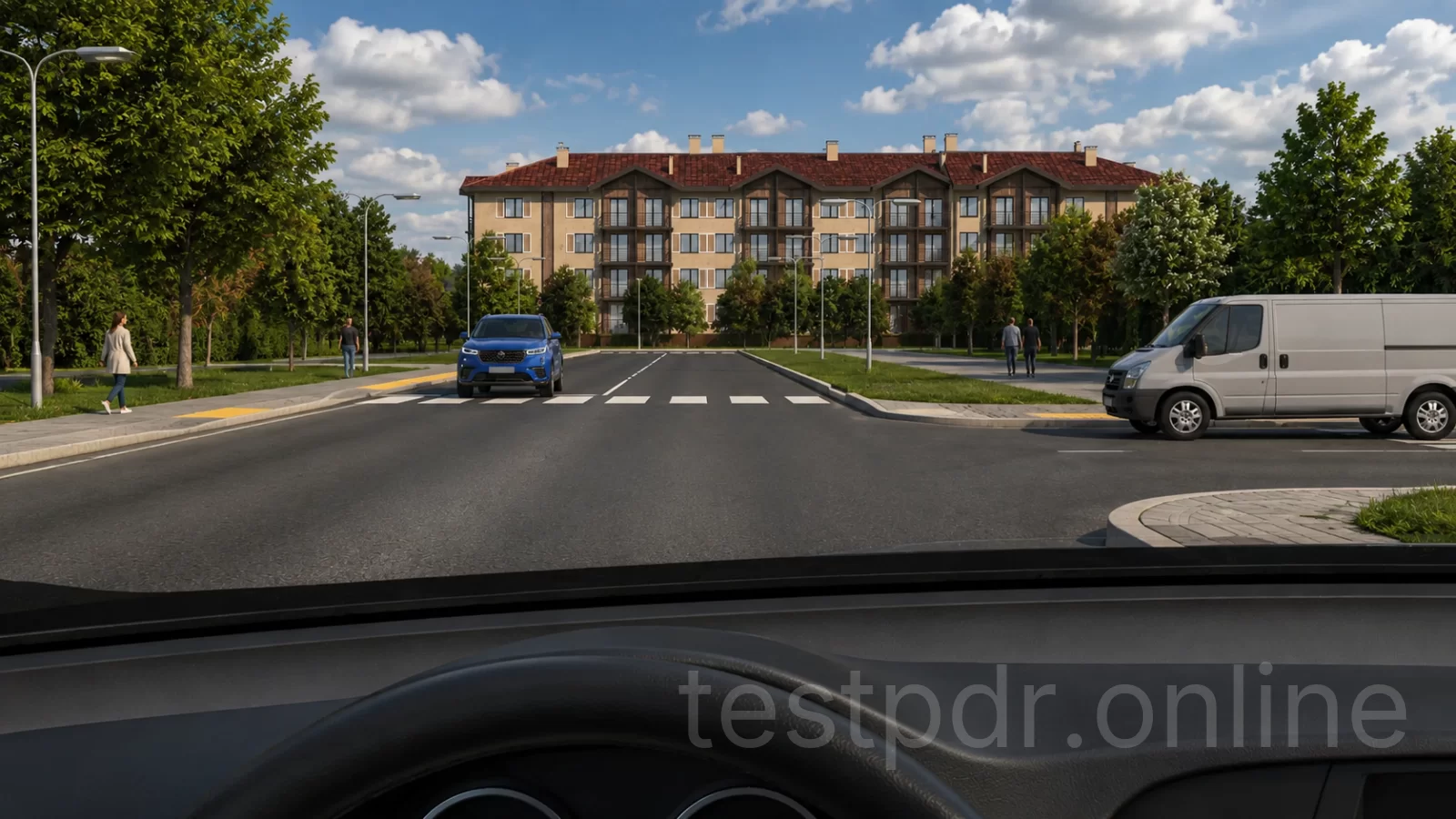 В наведеній ситуації, за відсутності знаків пріоритету, який транспортний засіб проїде перехрестя першим? В наведеній ситуації, за відсутності знаків пріоритету, який транспортний засіб проїде перехрестя першим?