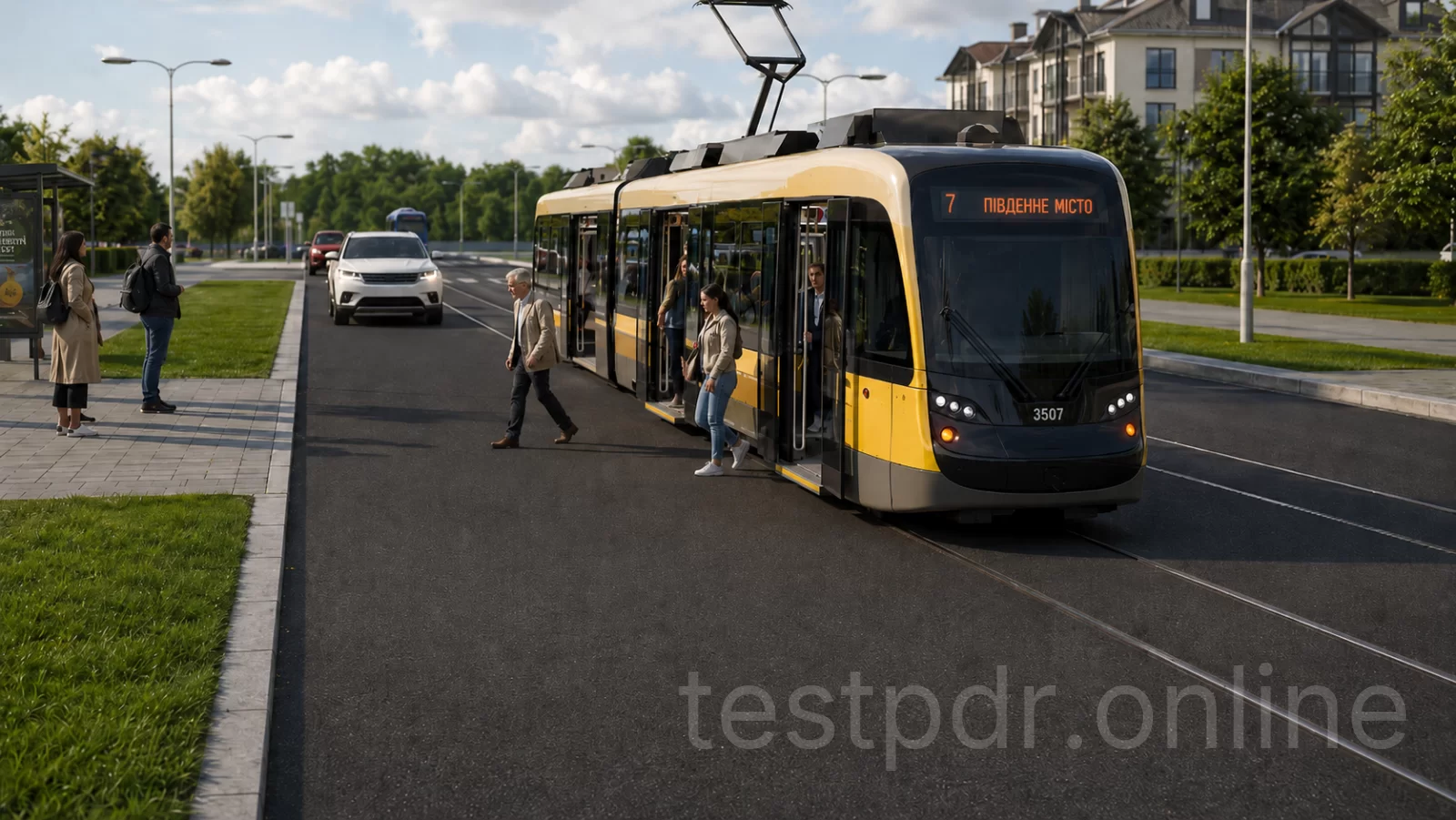 В даному випадку водій білого автомобіля може продовжувати рух лише тоді, коли пішоходи залишать проїзну частину і в трамваї зачиняться двері: В даному випадку водій білого автомобіля може продовжувати рух лише тоді, коли пішоходи залишать проїзну частину і в трамваї зачиняться двері: