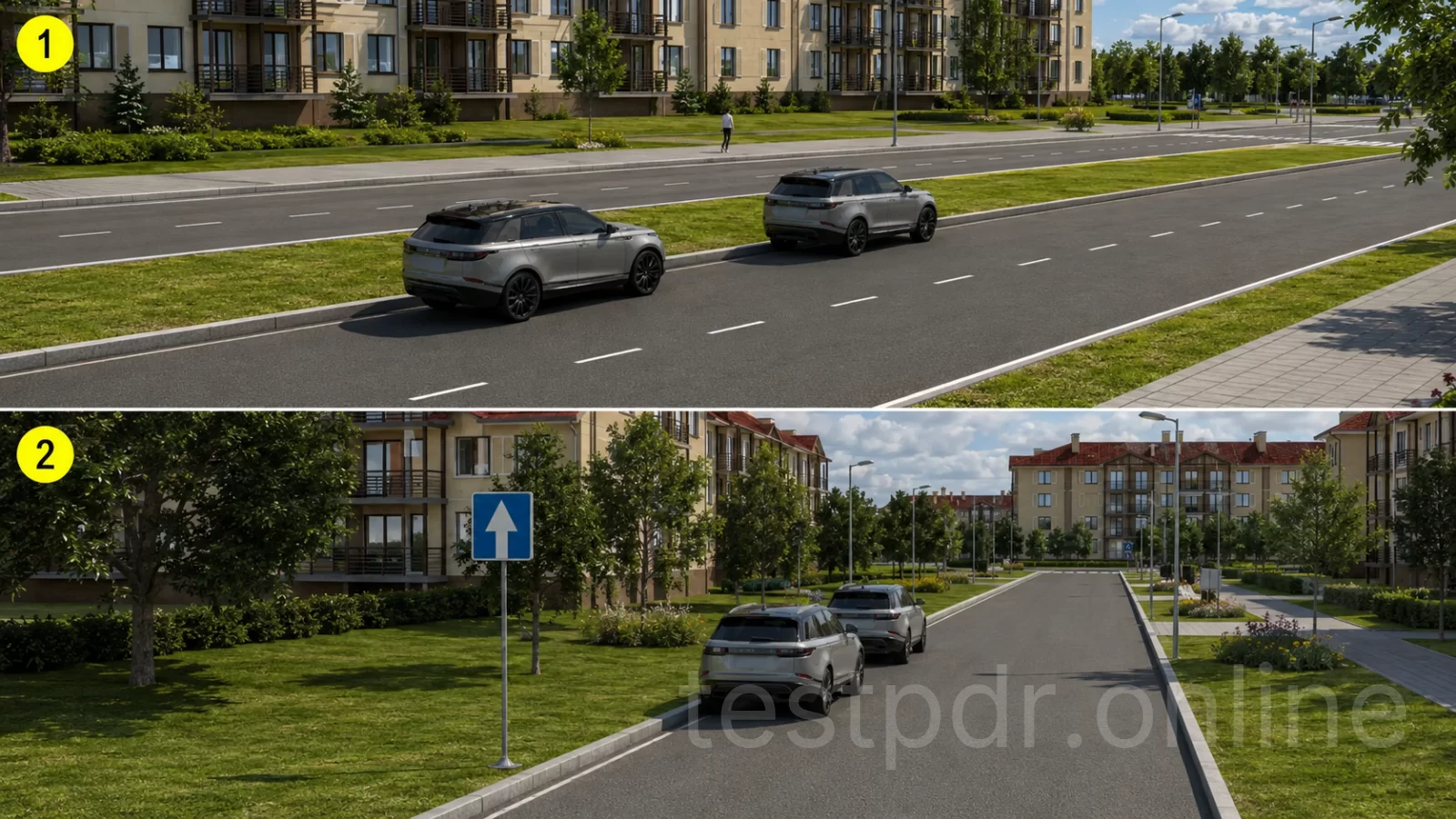 На якому з малюнків транспортні засоби поставлені правильно на дорогах у населених пунктах? На якому з малюнків транспортні засоби поставлені правильно на дорогах у населених пунктах?