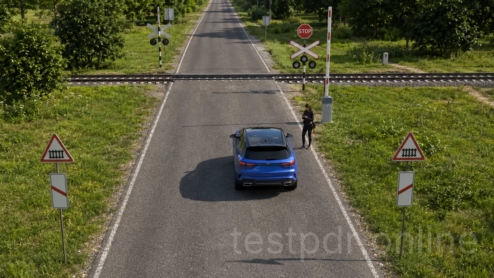 Чи дозволено водієві синього автомобіля зупинитися в цьому місці? Чи дозволено водієві синього автомобіля зупинитися в цьому місці?