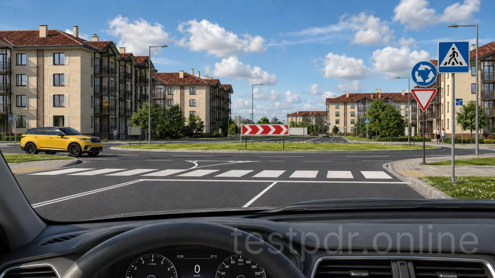 Як повинен вчинити водій жовтого автомобіля в даній ситуації? Як повинен вчинити водій жовтого автомобіля в даній ситуації?