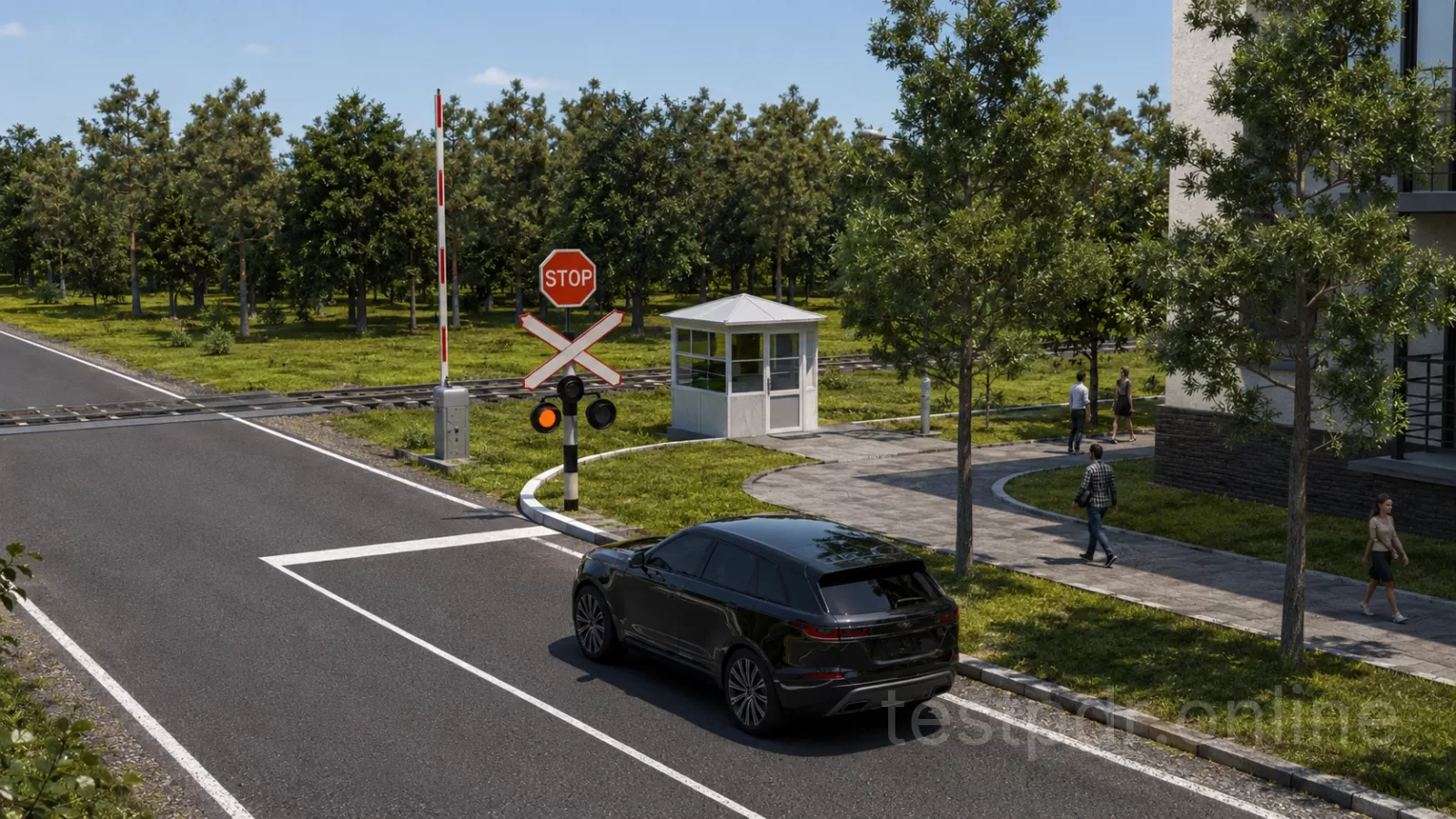 Чи дозволено водію чорного автомобіля перетнути залізничний переїзд у вказаній ситуації? Чи дозволено водію чорного автомобіля перетнути залізничний переїзд у вказаній ситуації?
