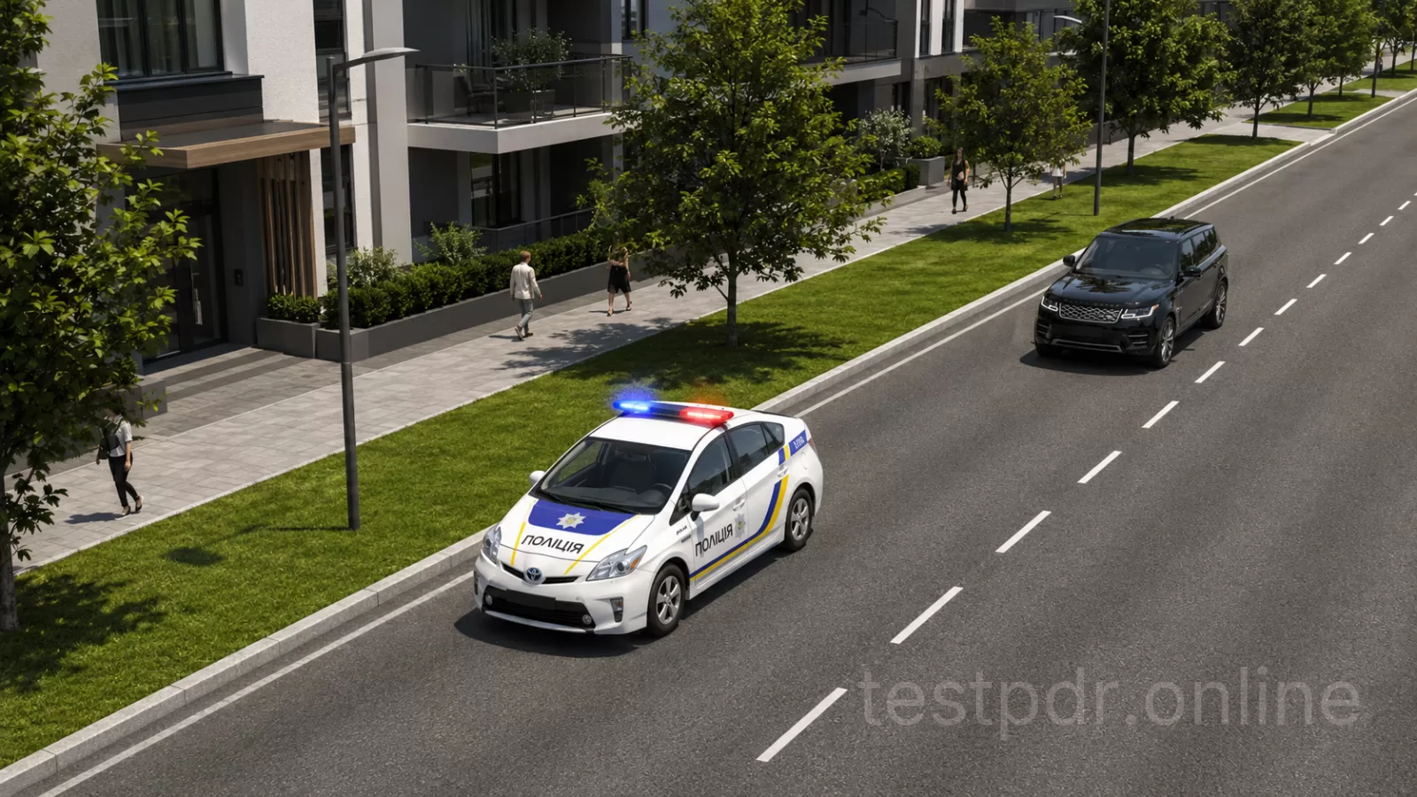 Чи дозволено водію чорного автомобіля здійснити обгін транспортного засобу з увімкненими проблисковими маячками синього і червоного кольору, який рухається зі швидкістю 20 км/год? Чи дозволено водію чорного автомобіля здійснити обгін транспортного засобу з увімкненими проблисковими маячками синього і червоного кольору, який рухається зі швидкістю 20 км/год?